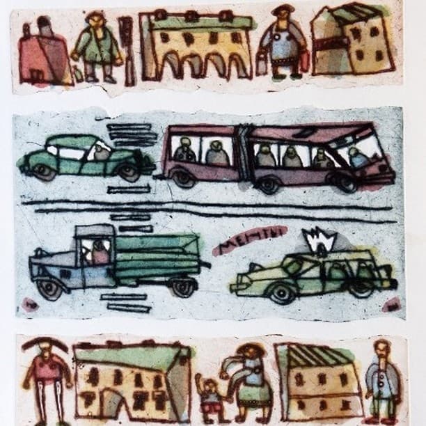 Illustration naïve : scènes de rue et voitures anciennes