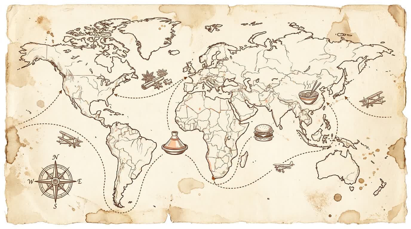 Carte du monde dessinée à la main retraçant les escales de Carnets de Voyage
