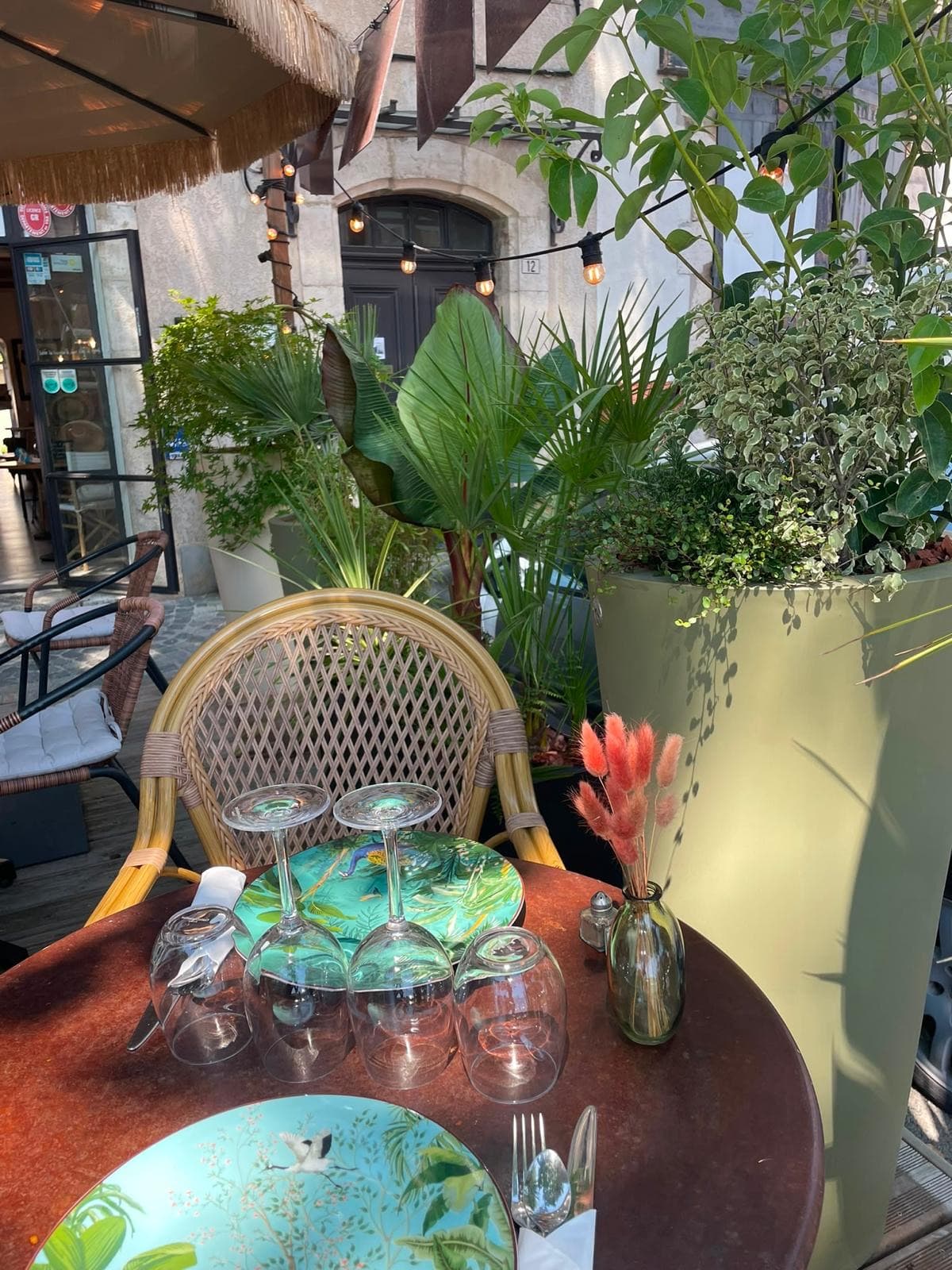 Table dressée en terrasse : assiettes tropicales, rotin et plantes luxuriantes